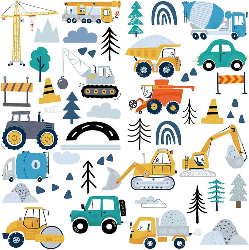 CharmFlo Construction Vehicles Wall Decals - 90Pcs (6 Sheets) Peel & Stick Removable Wall Stickers for Boys Room, Nursery, Playroom - Trucks, Excavator, Crane Theme Boho Kids Bedroom Decor, Easy DIY - Image 1